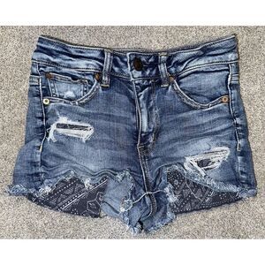 American Eagle Size 2 Stretch Hi-Rise Shortie Denim Cut Off Jean Shorts #168
